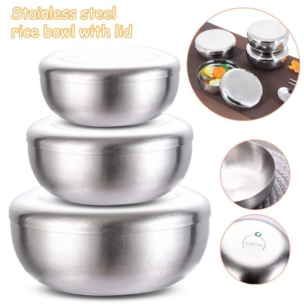 

korean stainless steel rice bowl round soup with lid anti-scalding child small cuisine container bowls