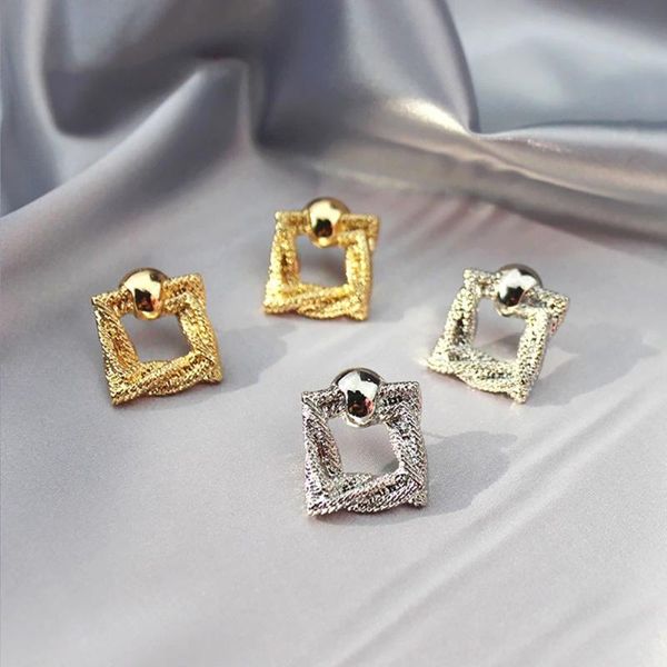 

stud ghidbk round ball square hollow gold silver color metal earring for women fashion simple vintage party jewelry, Golden;silver