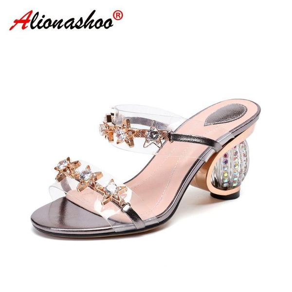 

dress shoes women sandals 2021 crystal fashion rhinestone clear heel summer slippers hollow for plus size 34-43, Black