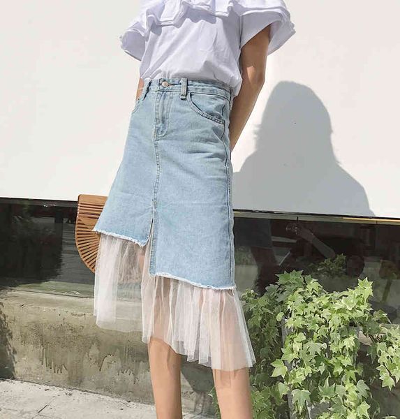 

Skirts Summer Fashion Asymmetry Jeans Women High Waist Casual Vintage Mesh Patchwork Long Denim Skirt LS2V, Black