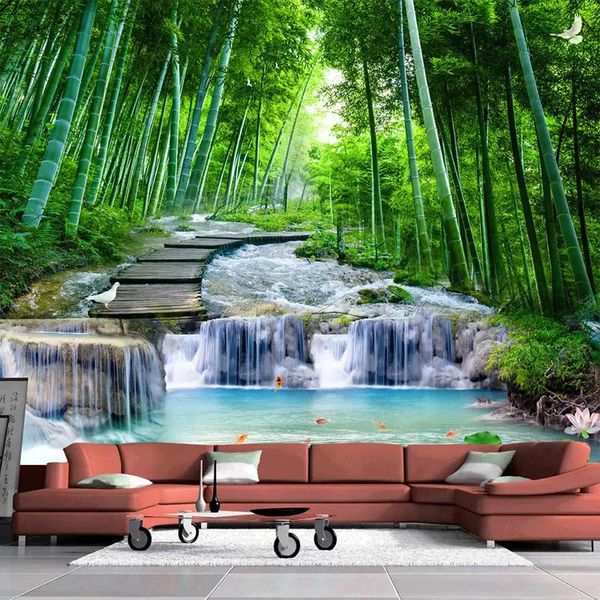 

wallpapers drop custom 3d po wallpaper wall painting bamboo forest wooden bridge stream water mural de parede waterfall
