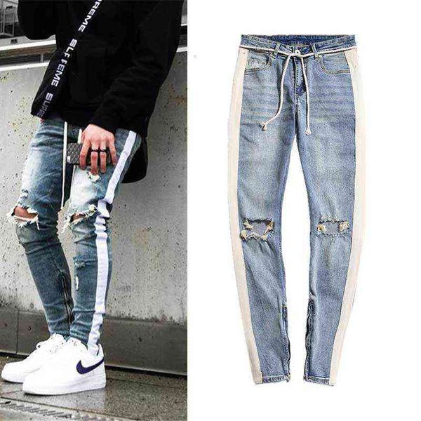 

men's jeans high street white with big damage to the knee, worn-out slim side zipper men's jeans, Blue