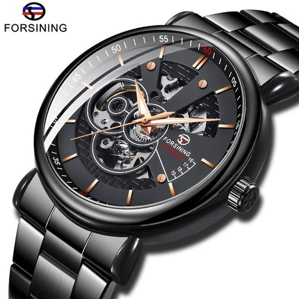 

classic forsining men mechanical watch male fashion full black clock stainless steel luminous men's automatic wristwatch wristwatches, Slivery;brown