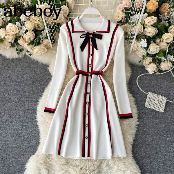 

casual dresses women french knitted autumn winter sweet bow button elastic a-line korean fashion streetwear zudb, Black;gray