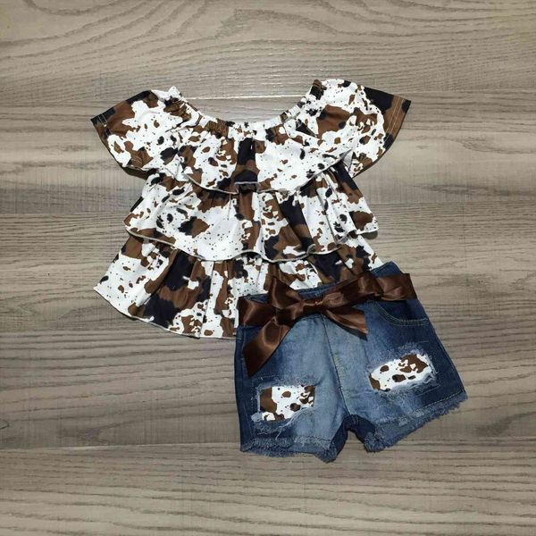

summer baby girls short cow print sleeve clothes ruffles boutique jeans shorts set outfits kids clothing, White