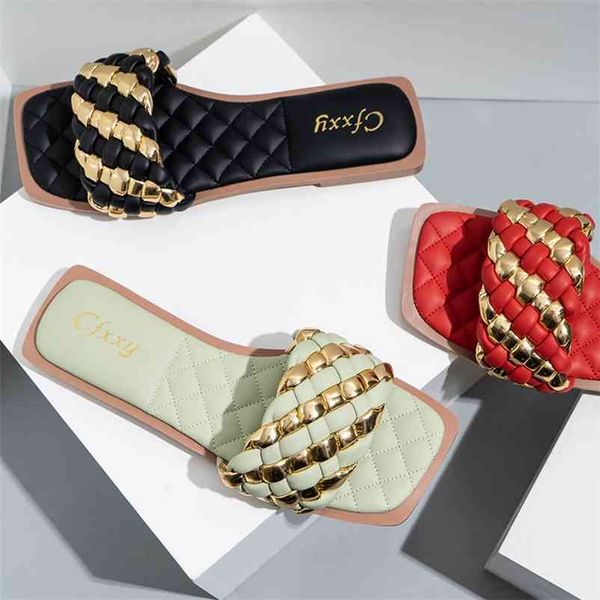 

ins trendy women weaving slippers mix color flat rubber sole luxury strap slide outdoor fashion shoes ladies female 210619, Black