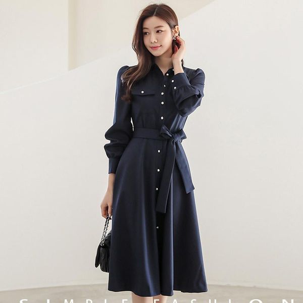 

casual dresses zawfl korean shirt lapel lace up single breasted split fork light luxury temperament thin and long dress women, Black;gray