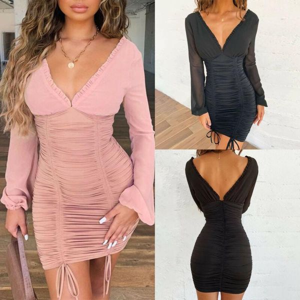 

casual dresses bodycon dress women v-neck long sleeve short mini party package hip, Black;gray