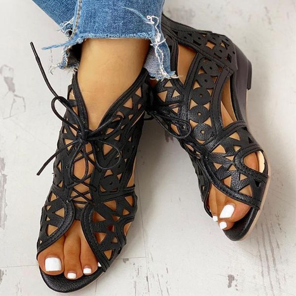 

sandals women summer gladiator hollow out fashion boot shoes leisure wedges heels comfortable outdoor flats zapatos mujer, Black