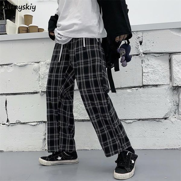 

women's pants & capris casual women plaid autumn all-match elastic waist vintage college loose wide leg tender basic stylish korean sty, Black;white
