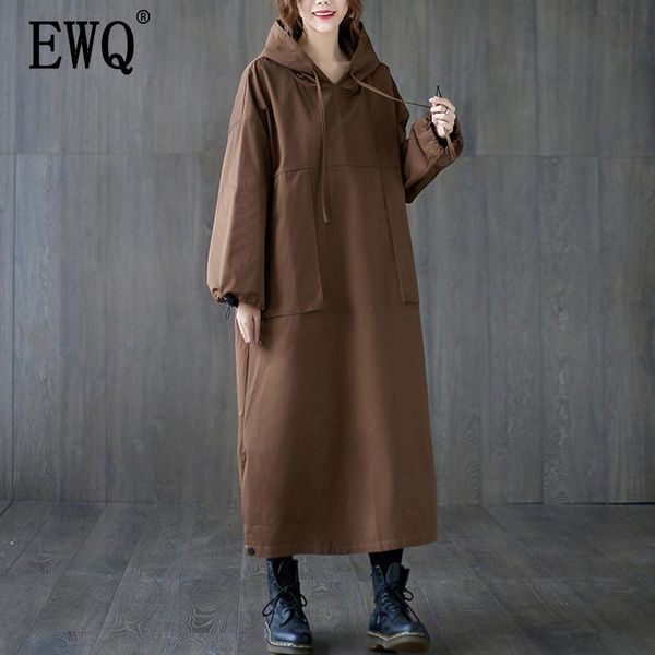 

casual dresses ewq big pocket clean color patchwork dress drawstring cuffs hooded plush long style fashion tide 2021 autumn gd476, Black;gray