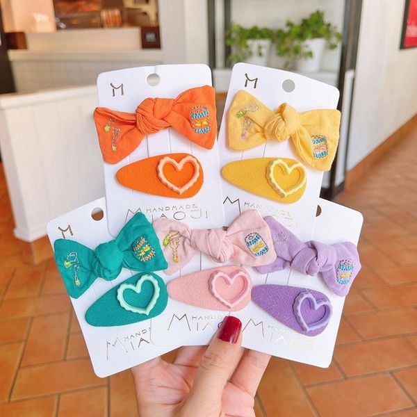 

hair accessories 2pcs korea sweet girl beautiful solid color fabric embroider bow hairpin headwear fashion cute children bb clip, Slivery;white