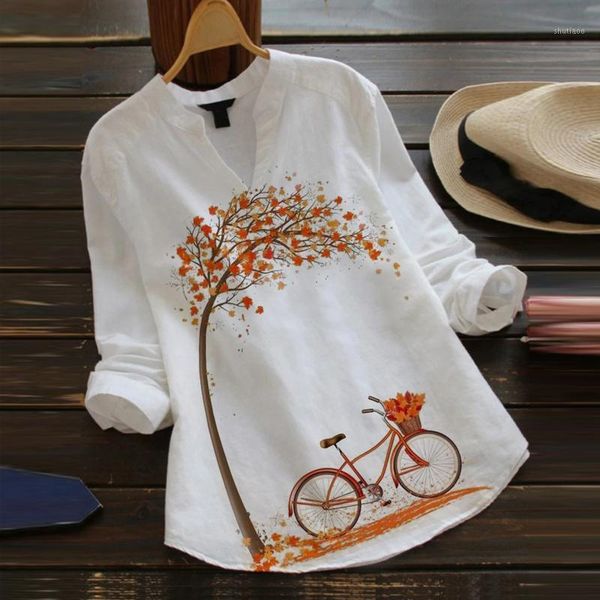 

women's blouses & shirts chiffon blouse women casual flower print long sleeve v-neck button shirt blusas mujer de moda 2021, White