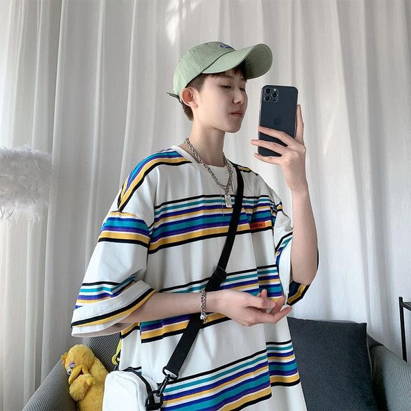

t-shirt men's summer loose round neck stripe short sleeve comfortable leisure college tidal current fashion direct selling t-shirts, White;black