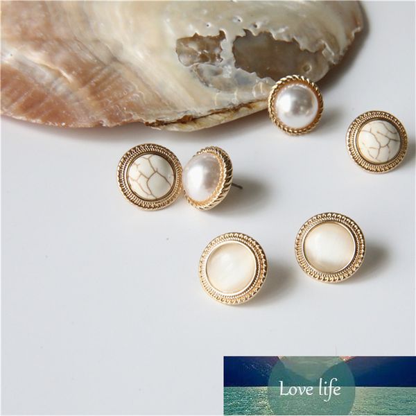 

baru vintage bulat marmer opal batu besar stud anting-anting untuk wanita fashion temperamen mutiara simulasi brincos, Golden;silver