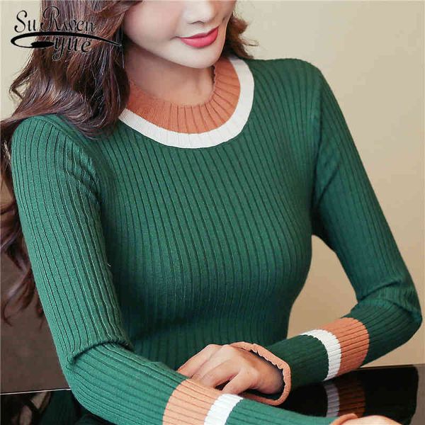 

autumn long sleeve sweaters fashion women slim green kintted winter o-neck pullovers clothes 1329 45 210508, White;black