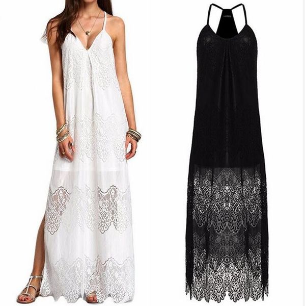 

2017 Summer Spaghetti Strap Women Oversize Maxi Dress Solid Loose Plus Size Beach Lace Split Hem Dresses, Black