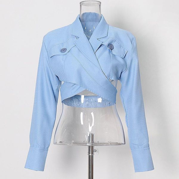 

women's suits & blazers chic hollow-out waist long sleeve blazer super short solid blue suit top, White;black