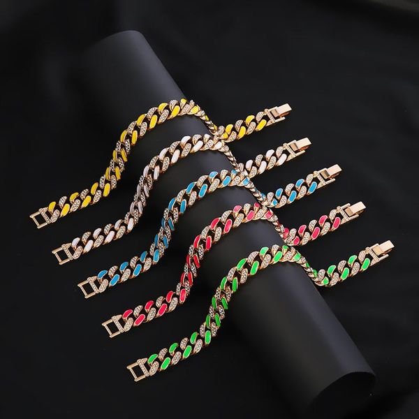

link, chain two tone luxury bling rhinestone cuban bracelet miami iced out bangle for women men hiphop punk jewelry gifts, Black