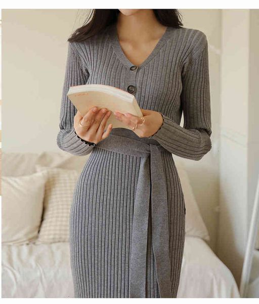 

casual dresses new style in autumn and winter women's dress slim strip texture temperament v-neck tight fitting hip wrap mid lengt, Black;gray