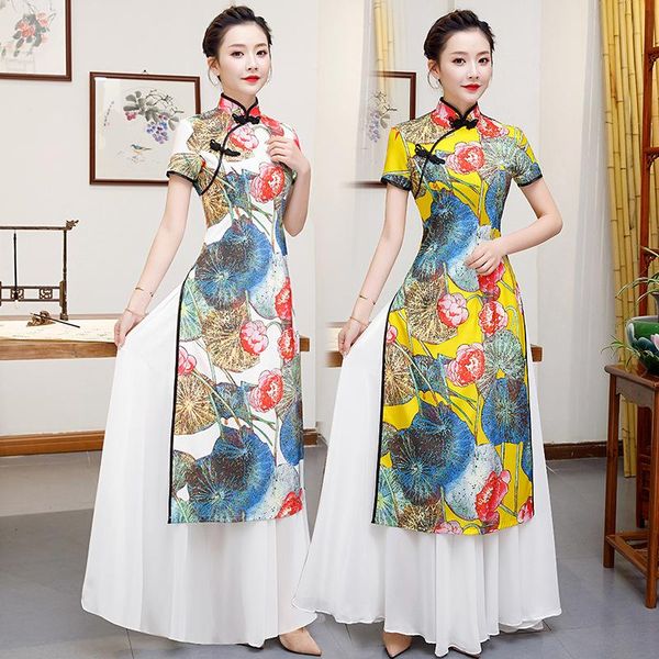 

vintage chinese lotus leaf printed satin chiffon aodai cheongsam elegant traditional female short sleeve qipao oversize 5xl ethnic clothing, Red