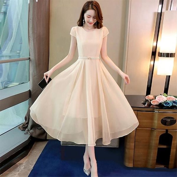 

elegant mid length chiffon womens dresses short sleeved with pearl belt showing thin ladies temperament gentle wind a line, Black;gray
