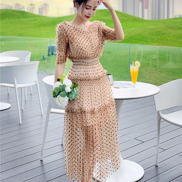 

summer runway patchwork double v-neck v back polka dot lace mesh women puff sleeve draped ruffles pleated midi dress 210416, Black;gray