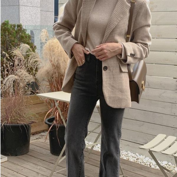 

women's jackets miss don't korean chic retro plaid suit jacket autumn and winter design sense loose thick woolen cloth, Black;brown