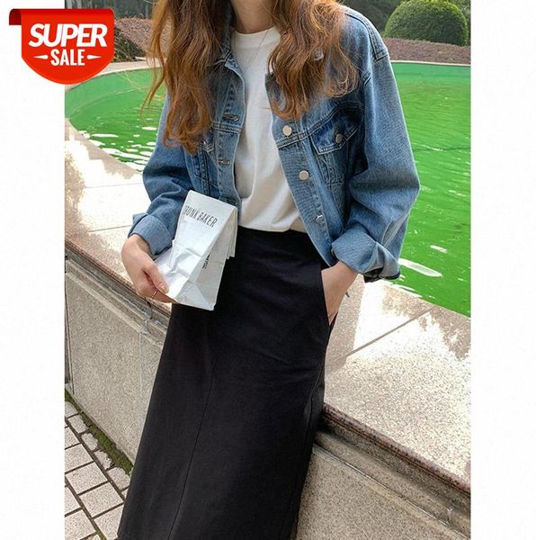 

tg retro short jacket women korean style lapel long-sleeved single-breasted denim 13225 #by5i, Black;gray