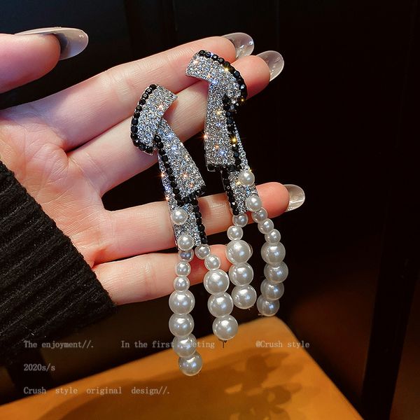 

925 silver needle diamond pearl tassel earrings with exaggerated design