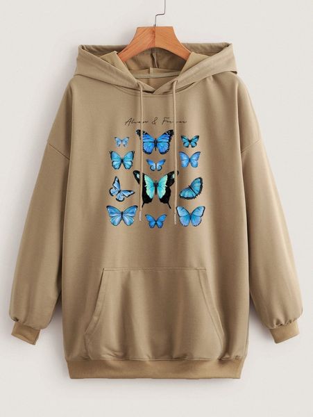 

letter & butterfly print kangaroo pocket drop shoulder drawstring hoodie s7dk#, White;black