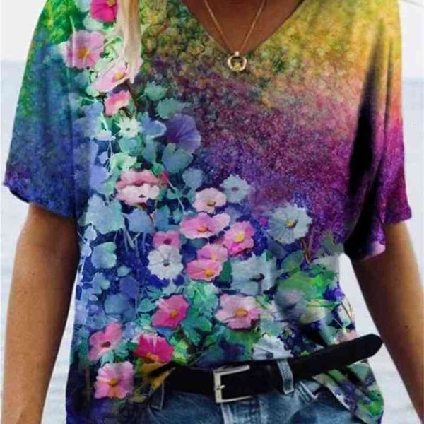 

women's t-shirt 2021 landscape flower print v-neck short sleeve vyil, White