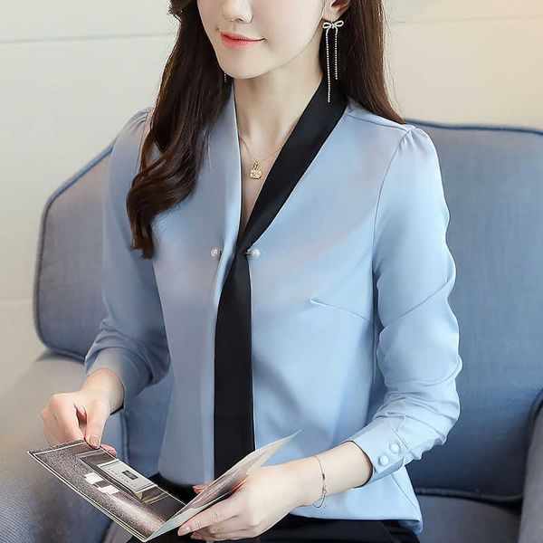 

korean women shirt chiffon blouses for long sleeve shirts woman ribbon beading blouse v neck white xxl 210604