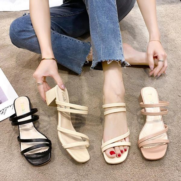 

slippers low shoes women summer med square heel lady slides pantofle beige heeled sandals fashion block soft girl flat 2021 blac, Black