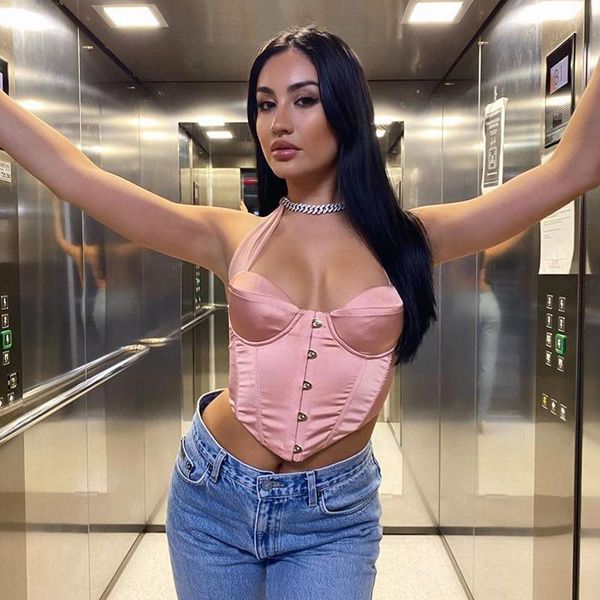 

hirigin 2021 ladies halter neck corset bra short racer vest summer slim-fit sleeveless buckle inner base camis women's tanks &, White