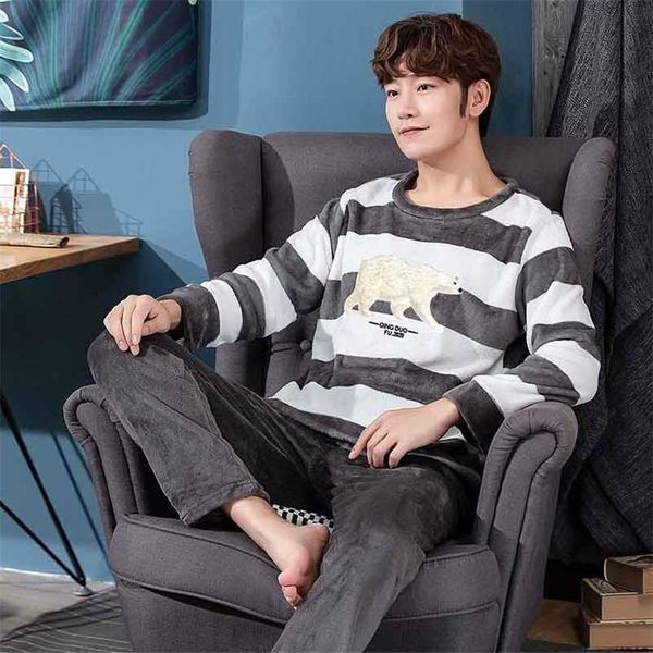 

winter long sleeve thick warm flannel pajama set for men casual striped coral velvet sleepwear suit pyjama homewear clothes 211110, Black;brown