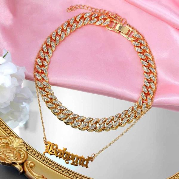 

punk iced out crystal cuban link chain necklaces collar multilayer golden babygirl letter pendant necklace for women jewelry chokers, Golden;silver
