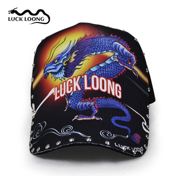 

lucky dragon baseball cap fashion print illustration hat rivet black personality, Blue;gray