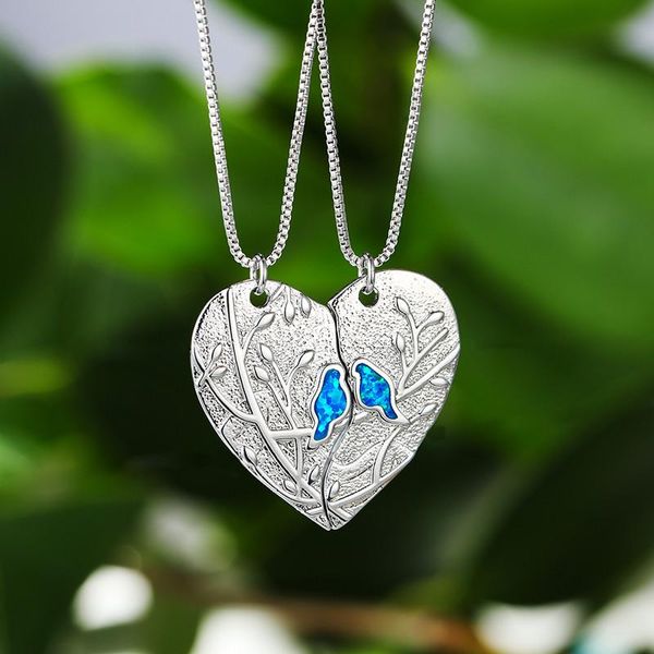 

pendant necklaces antique branches big heart necklace cute small bird blue opal stone boho silver color chain for women