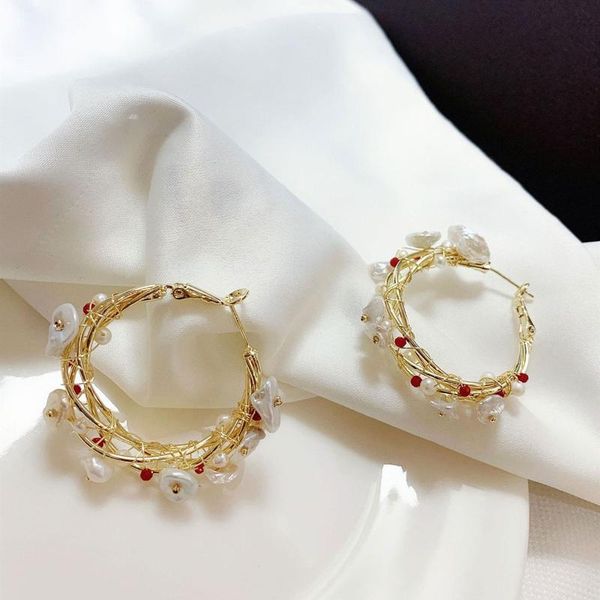 

hoop & huggie handmade pearl earrings for women vine large circle light luxury french 14k gold retro hepburn style stud earring, Golden;silver