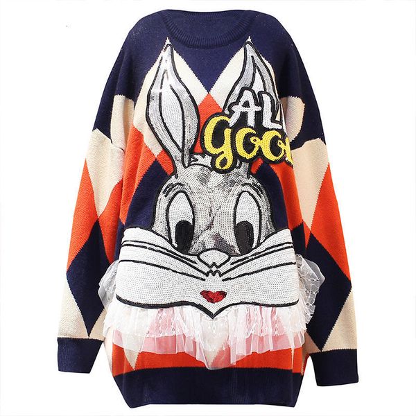 

women's sweaters 2021 loose knitted plus size rabbit sequins women autumn winter casual female pullover fashion woman jumper, White;black