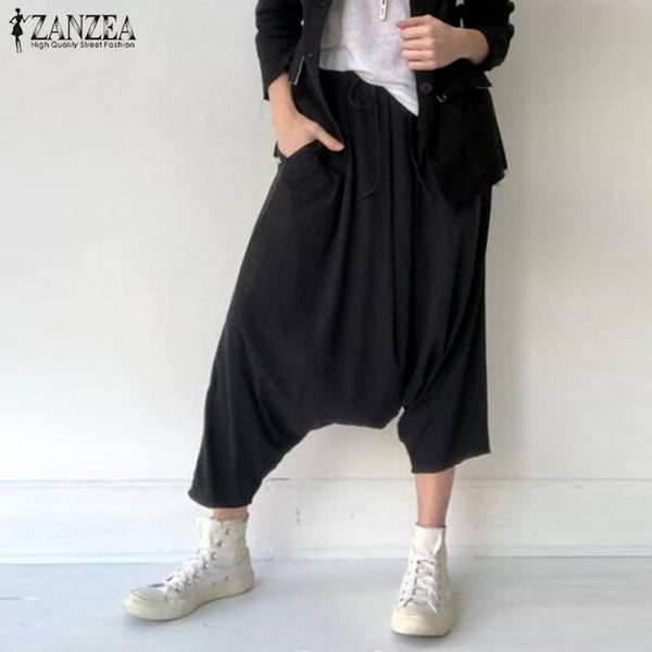 

women's pants & capris 2021 zanzea casual elastic waist drop crotch women solid long harem trousers wide legs pantalon loose sweatpants, Black;white