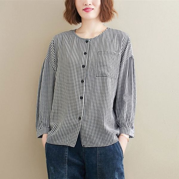 

women cotton linen casual shirts new arrival spring korean simple style o-neck vintage plaid loose female s2917 210412, White