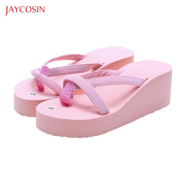 

jaycosin women solid flip flops 2021 fashion wedges med heels summer slippers woman shoes beach light bottom platform, Black