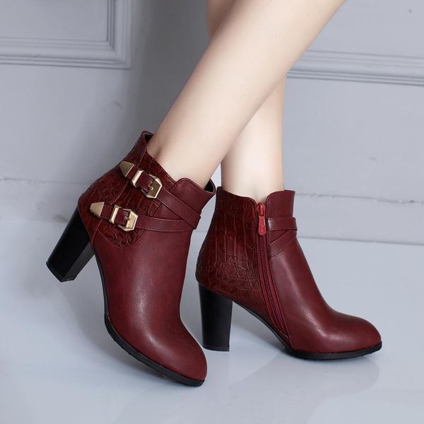 

boots winter women round head high heel belt buckle metal decoration keep warm comfortable wedding ankle for 35-43, Black