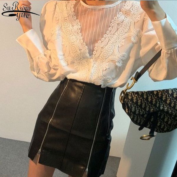 

korean chic retro round collar stitched lace hook flower shirt hollow see through loose women blouse bubble sleeve 13670 210417, White
