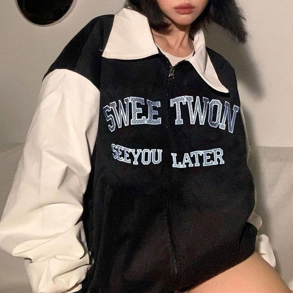 

women's jackets seasons women fashion letter print zipper jacket 2021 autumn winter ladies turn-down collar long sleeve loose coat asco, Black;brown