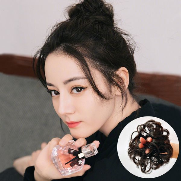 

curler ring wig women's hair bun net red flower bud head fluffy natural matte silk half ball headdress, Black;brown
