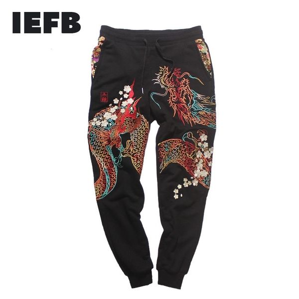 

iefb /men's clothing autumn sweatpants chinese dragon embroidered pants fashion streetwear casual drawstring waist pants 9y3764 210524, Black