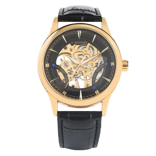 

wristwatches men's watch skeleton mechanical hand-winding golden gear luminous hands leather strap transparent, Slivery;brown